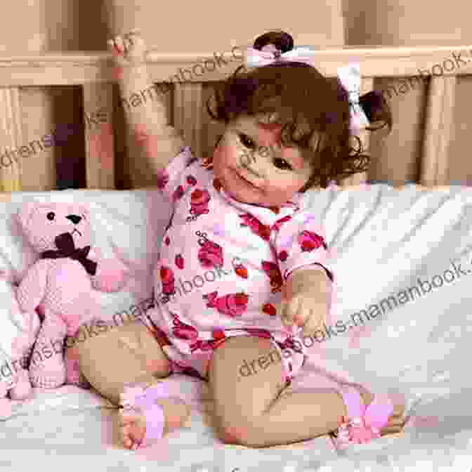 A Smiling Doll Wearing The Complete Ensemble, Looking Cozy And Adorable. Knitting Pattern KP141 Preemie Or Doll Matinee Jacket Hat And Trousers Fit 10 12 14 16 Doll USA Terminolgy