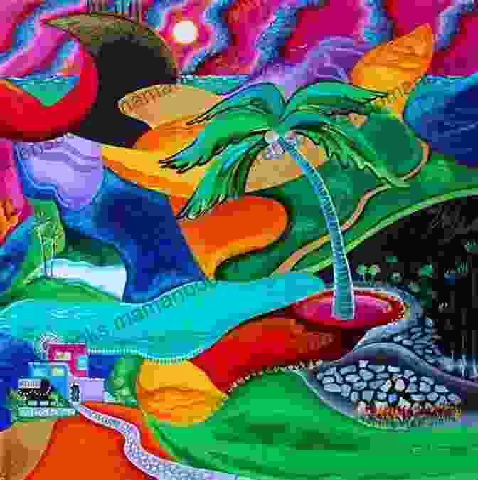 Vibrant Painting Depicting A Caribbean Village With Lush Vegetation, Colorful Buildings, And Vibrant Characters. Once In An Island Alvin Glen Edwards